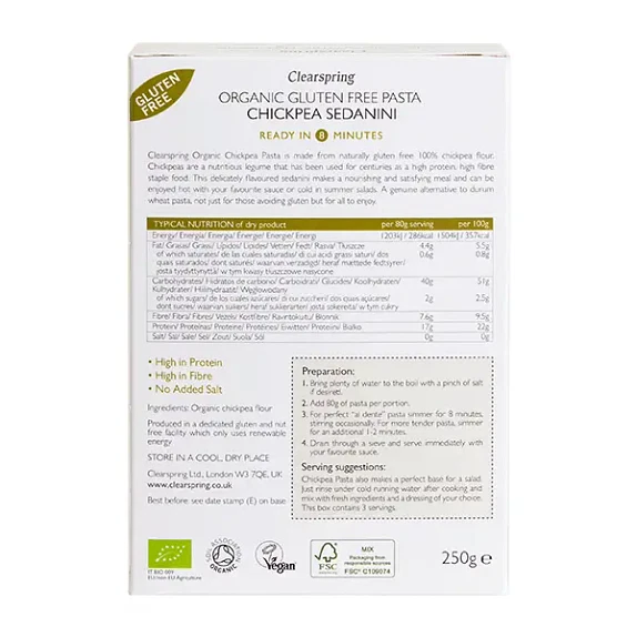 Pasta Chickpea Sedanini Clearspring 250 g økologisk