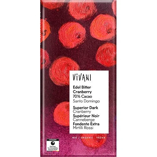 Vivani mørk chokolade med tranebærstykker 70% Ø